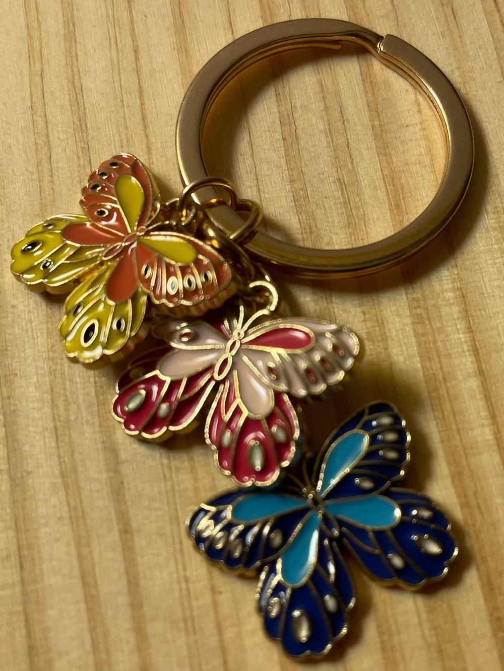 Gold-Tone Butterfly Trio Keychain - Yellow Pink Blue